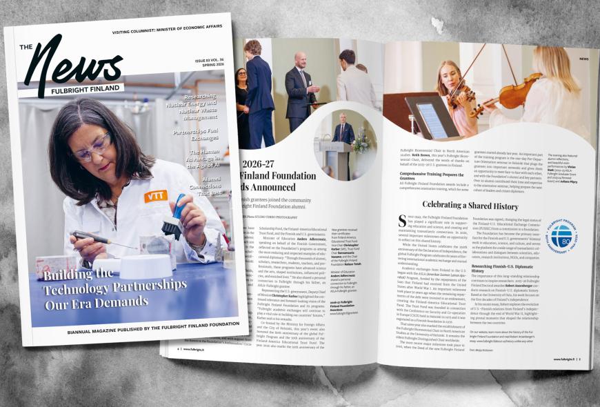 Photograph of a magazine titled "The News Fulbright Finland" featuring a cover with a person working in a lab. An open spread shows articles with images of people in formal attire and musicians playing violins, highlighting themes of collaboration and shared history.