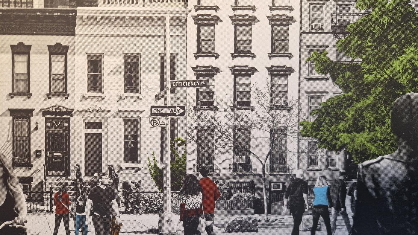 Wall art of a street view with "one way" sign 