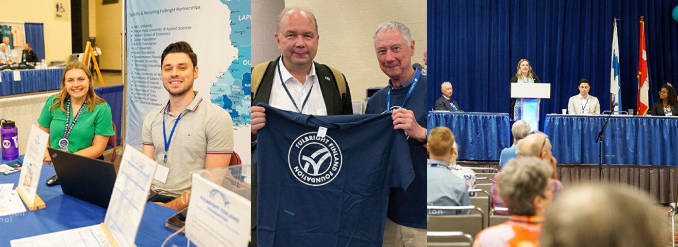 Three photos of U.S. Fulbright Finland alumni at FinnFest 2025, showing alumni at the Tori booth, holding a Fulbright Finland t-shirt and speaking in a panel presentation.