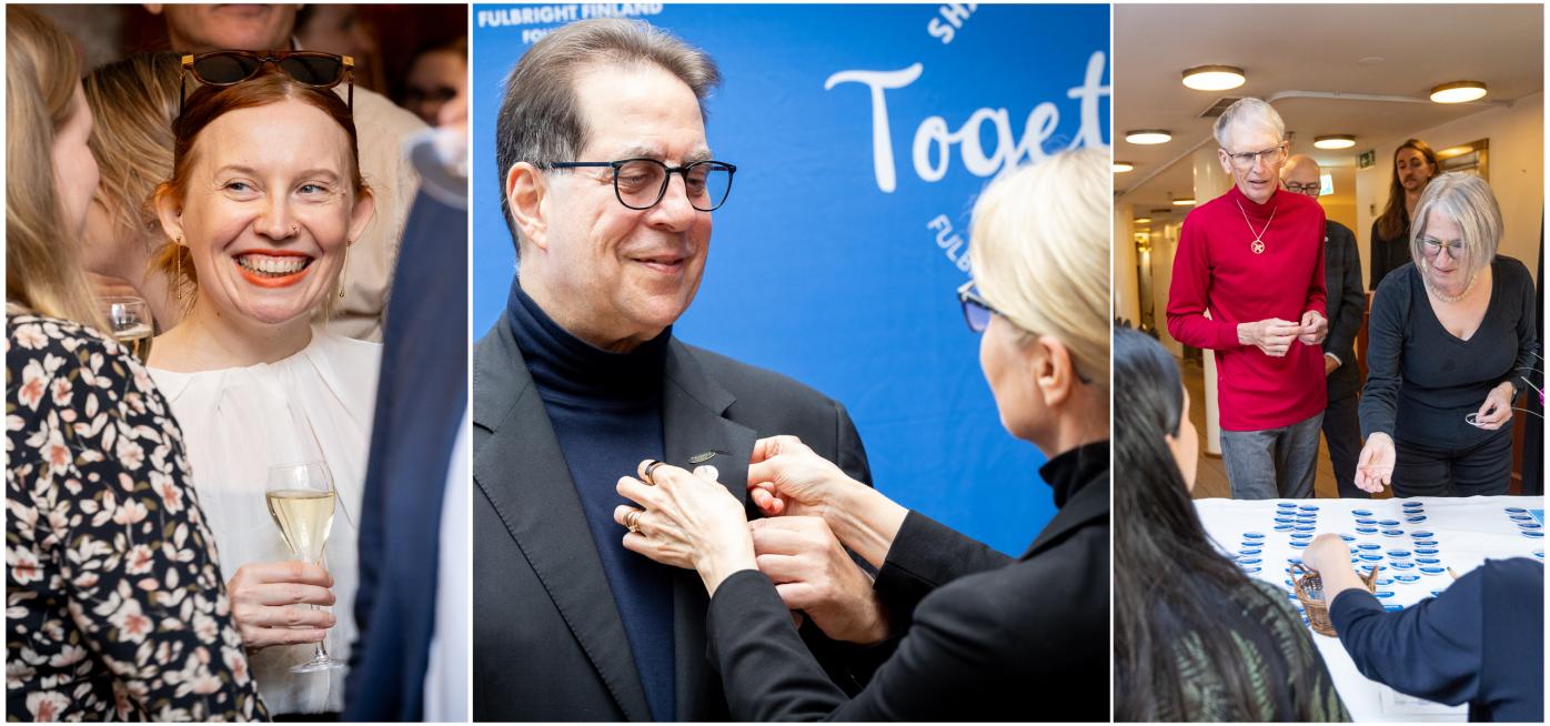 Photograph collage showing social interactions at an event, including people conversing with drinks, a woman pinning a donor pin on a man's jacket, and attendees checking name tags on a table.