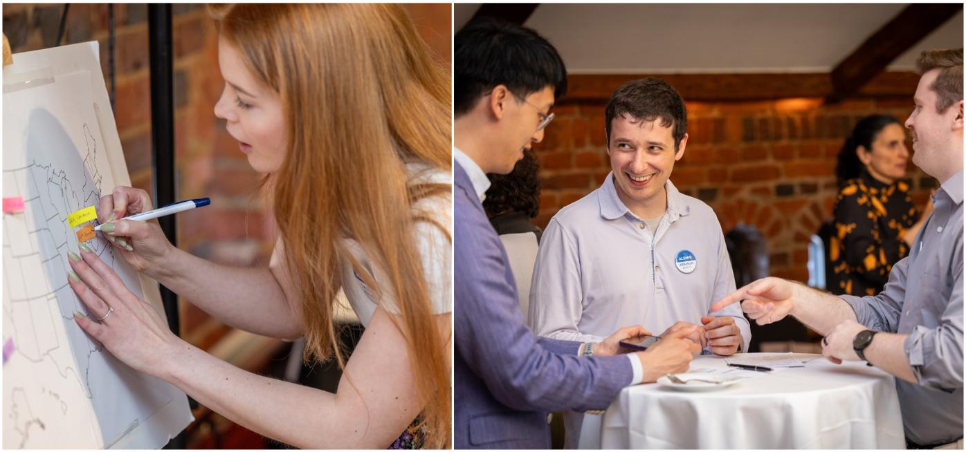 Two photographs from the Homecoming alumni event. On the left, a woman writes on a sticky note, which is placed on a map of the U.S. On the right, three men engage in discussion around a high table in a room with exposed brick walls.