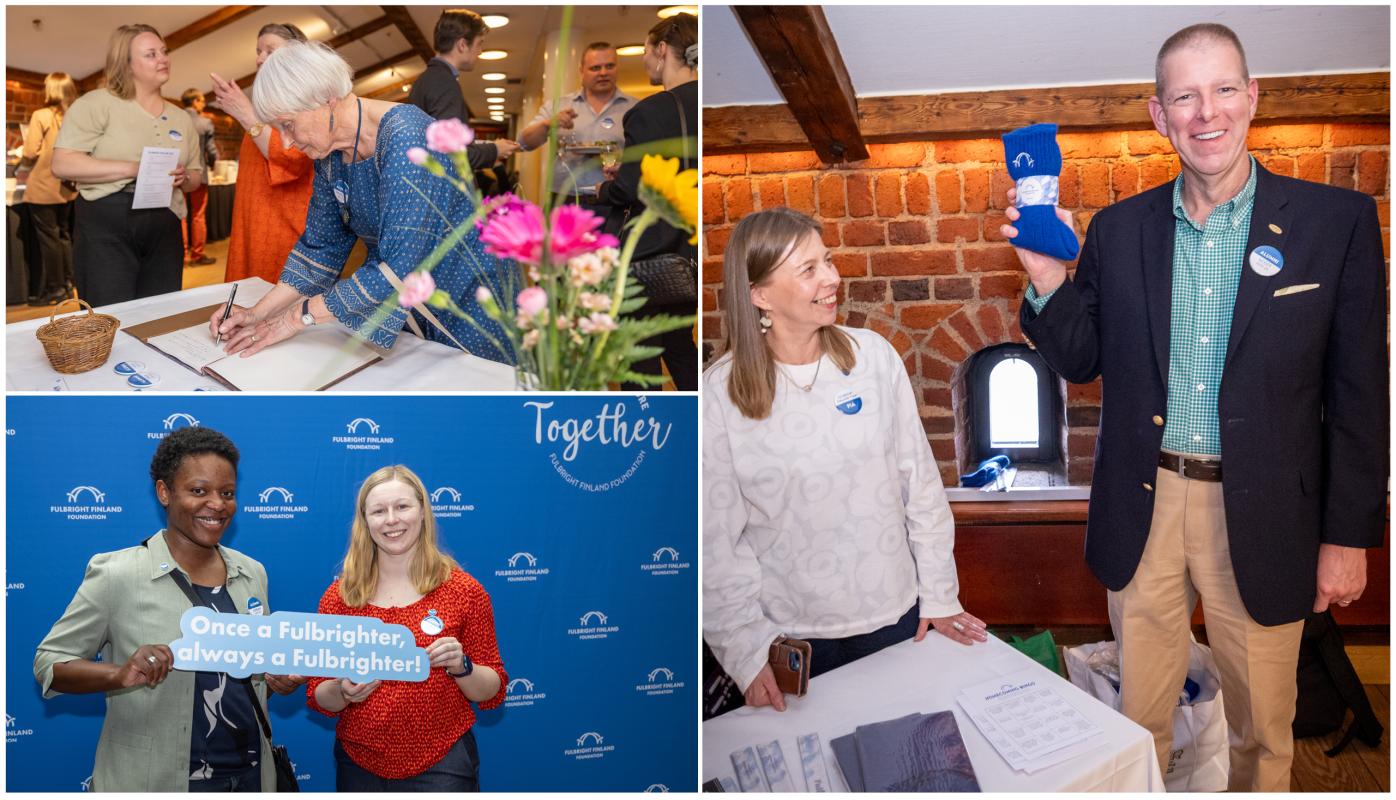 Photograph collage showing three scenes from a social event: a woman signing a guest book, two people posing in front of a blue backdrop holding a sign that reads "Once a Fulbrighter, always a Fulbrighter!", and a man holding up blue woolly socks. The event celebrates Fulbright program alumni, featuring casual interactions, branded materials, and a welcoming atmosphere.