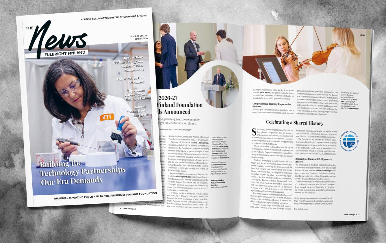 Photograph of a magazine titled "The News Fulbright Finland" featuring a cover with a person working in a lab. An open spread shows articles with images of people in formal attire and musicians playing violins, highlighting themes of collaboration and shared history.
