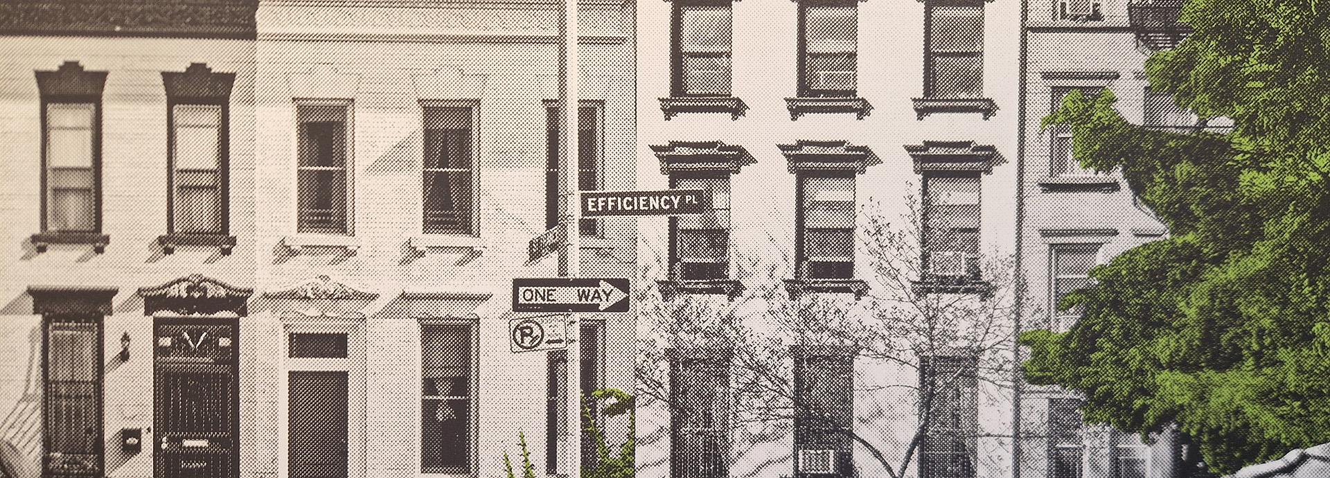 Wall art of a street view with "one way" sign 