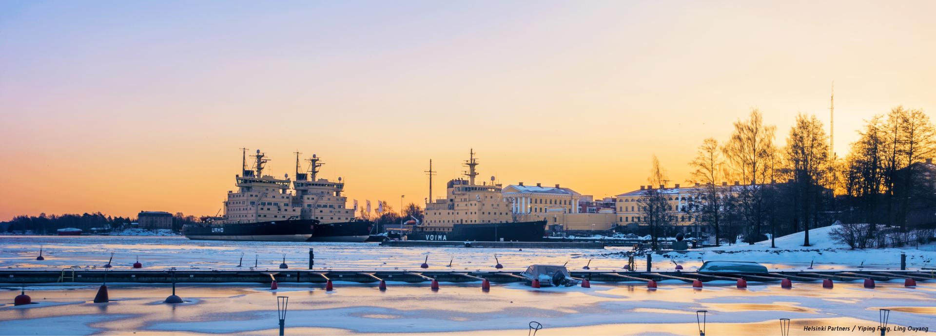 Photo of ice breakers in Helsinki in winter with an evening sun. Photo credit: Helsinki Partners / Yiping Feng, Ling Ouyang